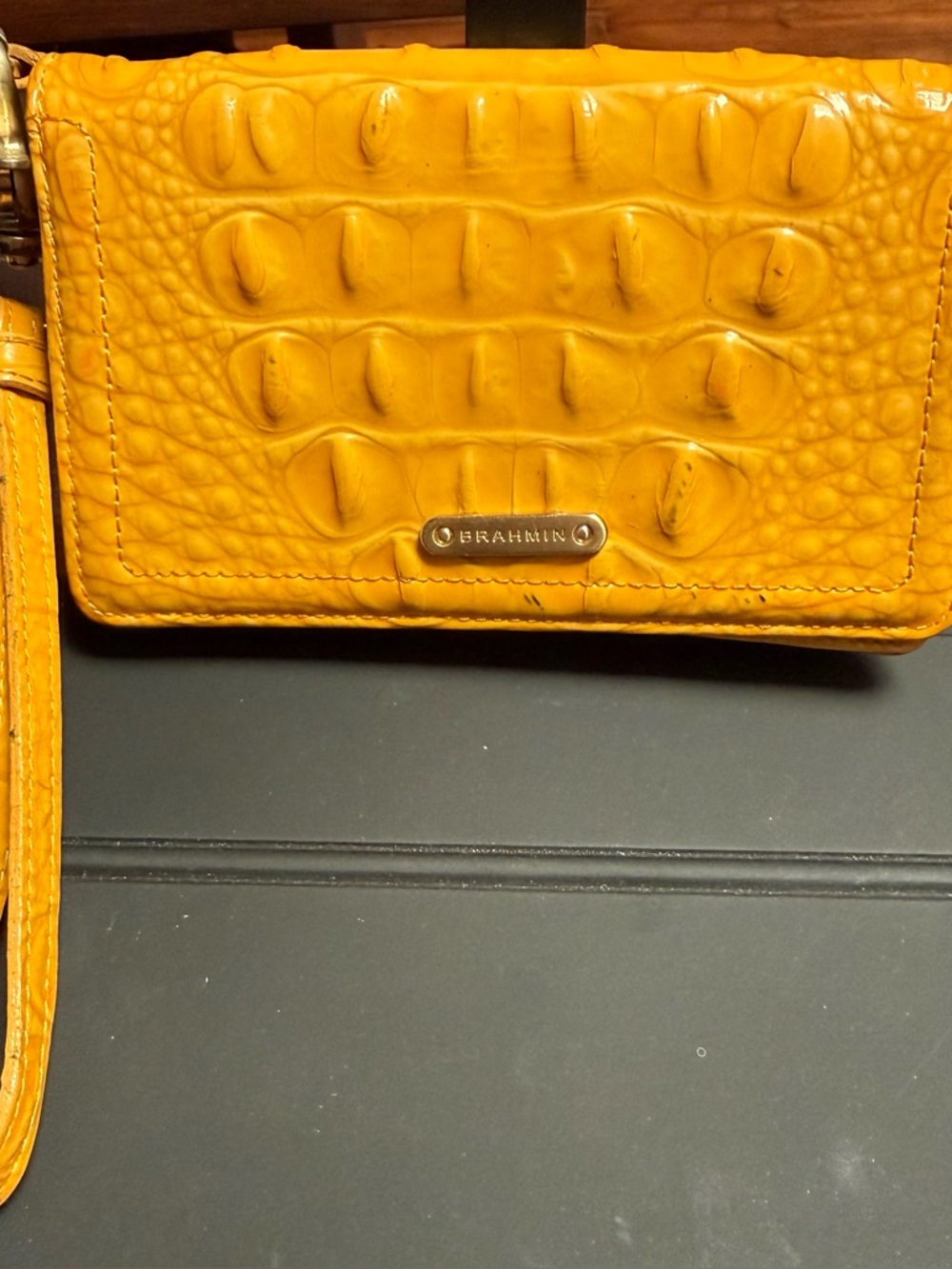 Brahmin Mustard Yellow Croc-Embossed Leather Wristlet